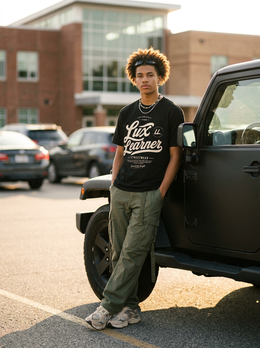 Lux Learner editorial lookbook: student wearing a black streetwear tee outside school