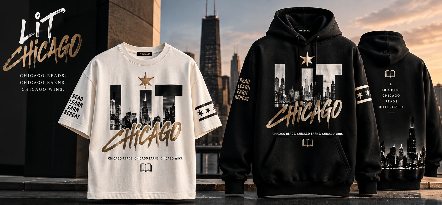 LIT Chicago ivory tee and black hoodies against the Chicago skyline